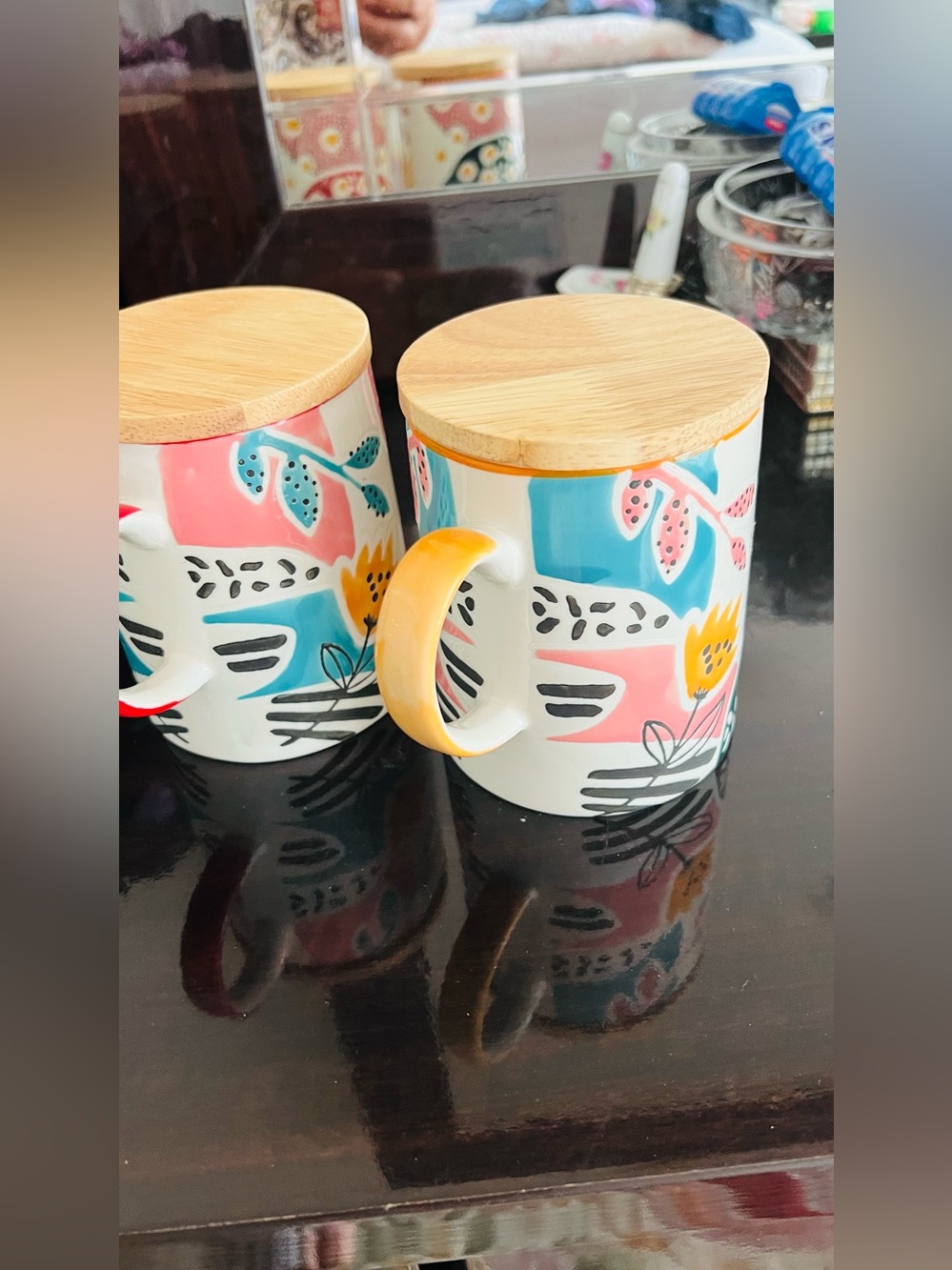 New Ceramic Floral Storage Mug with Bamboo Lid - Yellow & Teal
